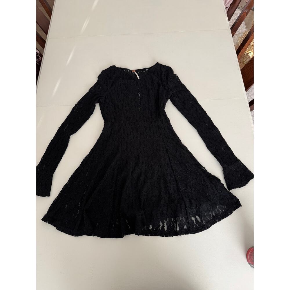 Free People Teen Witch Stretch Lace Fit Flare Black Dress Small Bell Sleeve Goth - Picture 2 of 10